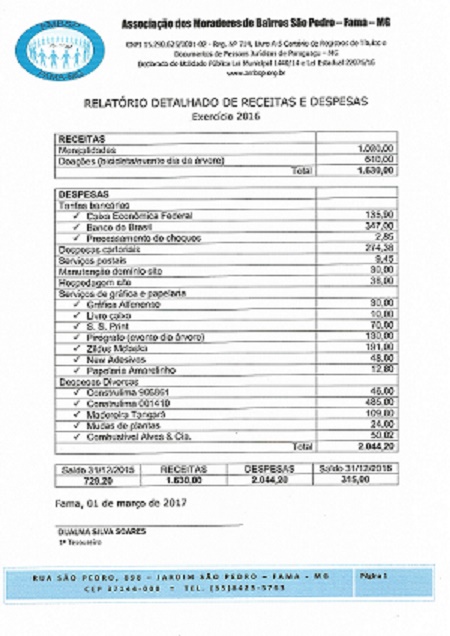 Relatório detalhado de receitas e despesas 2016
